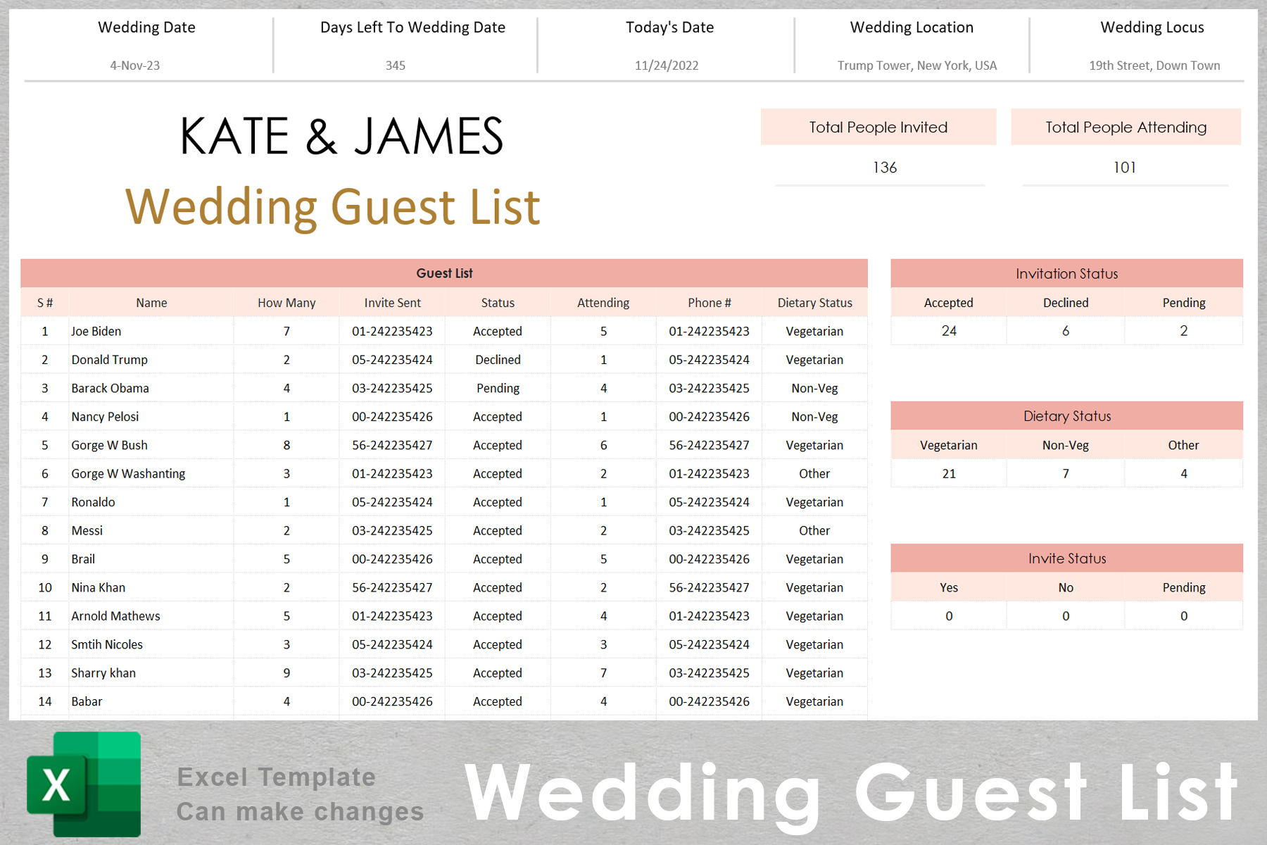 Wedding Budget, Guest List & Guest Seats Arrangement Template