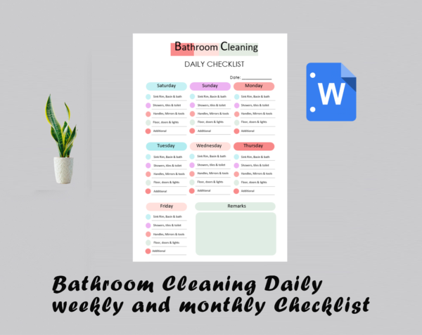 Bathroom Cleaning Daily Checklist - Bathroom Cleaning Weekly Checklist -Bathroom Cleaning Monthly Checklist