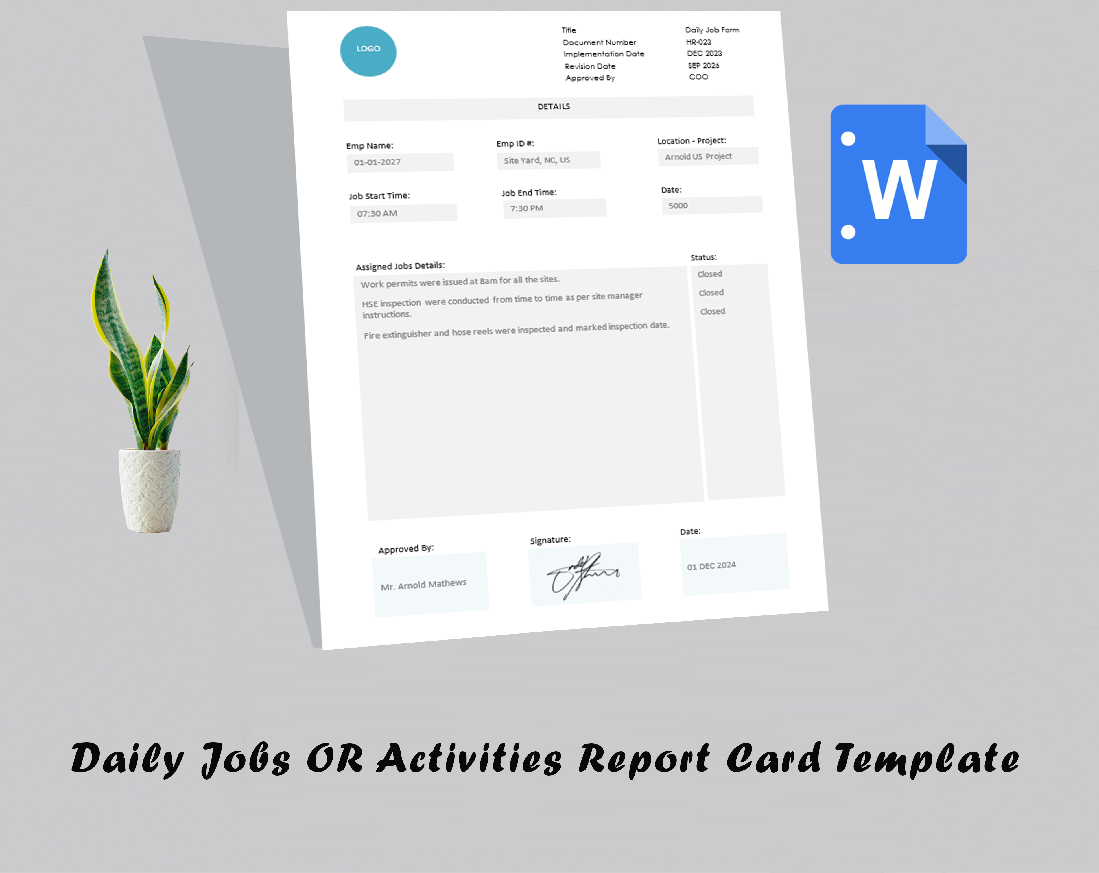 Daily Jobs OR Activities Report Card Template
