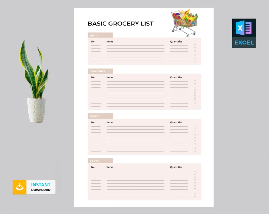 Printable grocery shopping list template with produce, dairy and pantry sections