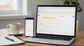 A laptop and smartphone displaying a digital weekly calendar template on Google Calendar, placed on a wooden desk with a notebook, pen, and coffee cup.