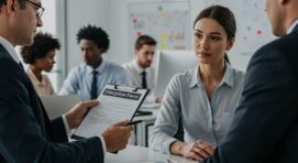 A professional office setting where a manager presents a 'Discipline Form' to an employee during a formal discussion, while other team members work in the background.