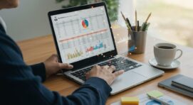 A professional working on a laptop displaying an Excel recruitment tracker spreadsheet with charts and graphs, showing hiring metrics and candidate data.