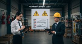 Workplace safety audit checklist being reviewed by a compliance officer in a warehouse, ensuring proper safety measures and compliance.