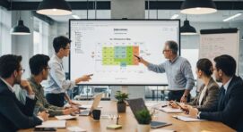 Business professionals in a modern office discussing a stakeholder map displayed on a large screen. The stakeholder matrix in Excel categorizes key players based on their influence and interest in a project.
