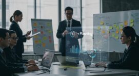 Business professionals in a modern office discussing headcount planning with digital workforce analytics displayed on a screen.