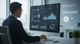 A professional analyzing an HR analytics dashboard on a computer screen, displaying key performance metrics, charts, and graphs in a modern office setting.