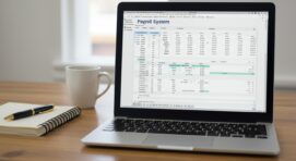 A laptop displaying a payroll system in an Excel spreadsheet on a wooden desk, accompanied by a notebook, pen, and a coffee cup in a bright office setting.