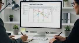 Two professionals analyzing a Requirement Traceability Matrix (RTM) on a computer screen in a modern office setting. The RTM visualization connects various project requirements, ensuring traceability and compliance.