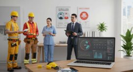 Professionals from different industries, including construction, healthcare, and corporate, discussing health and safety procedures in a modern office with an HSE dashboard on a laptop.
