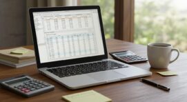 Laptop displaying a payroll spreadsheet with financial data, placed on a wooden desk alongside calculators, sticky notes, and a coffee mug in a small business office.