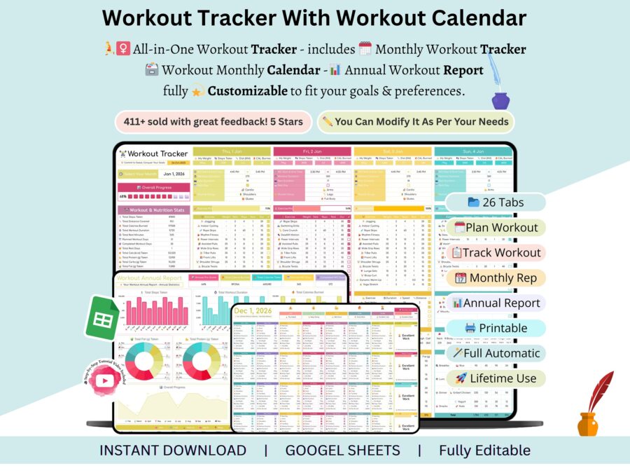 Workout Tracker - workout tracker google sheet - workout template google sheets - workout calendar template - workout spreadsheet template