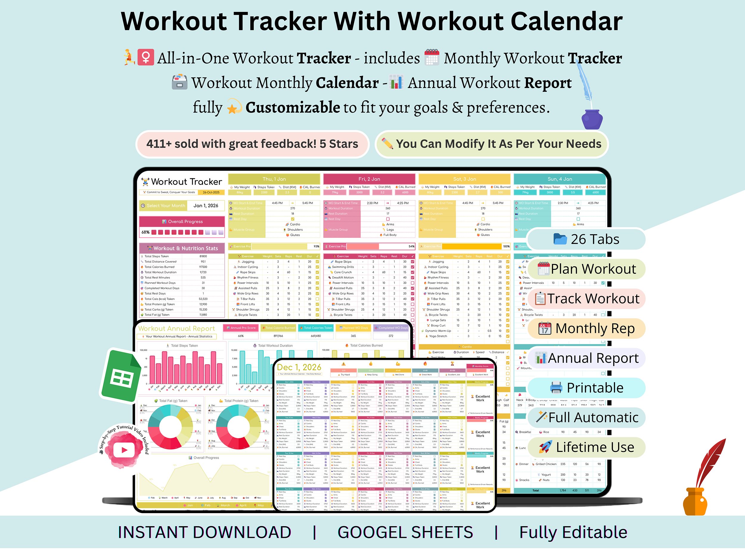 Workout Tracker - workout tracker google sheet - workout template google sheets - workout calendar template - workout spreadsheet template