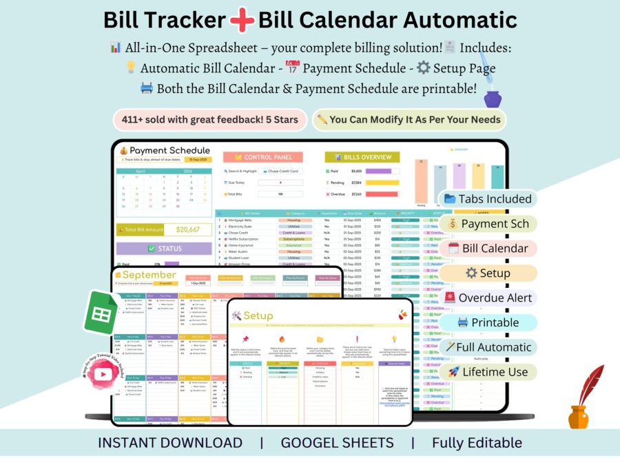 Bill Tracker - Bill Calendar - Bills Calendar - Smart Bill Calendar - Bill Spreadsheet - Monthly Bill Tracker - Bill Payment Tracker - Bills