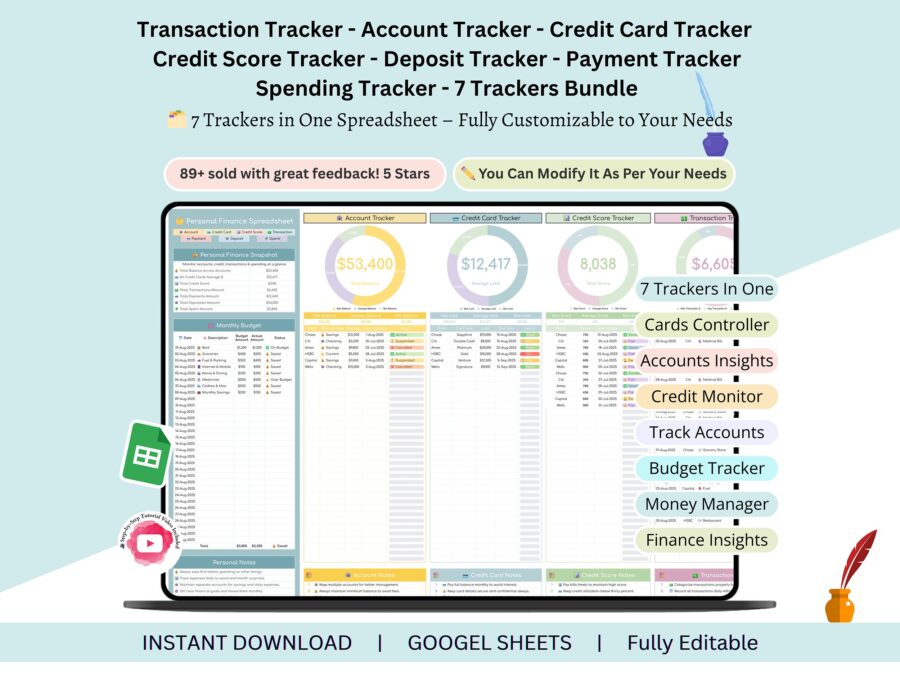 Transaction tracker - account tracker - credit card tracker -credit score tracker - deposit tracker - payment tracker - spending tracker