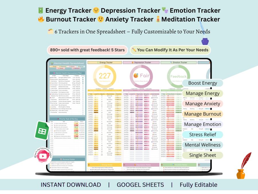 Energy Tracker - Depression Tracker - Emotion Tracker - Burnout Tracker - Anxiety Tracker -Meditation Tracker - 6 Trackers In 1 Spreadsheet