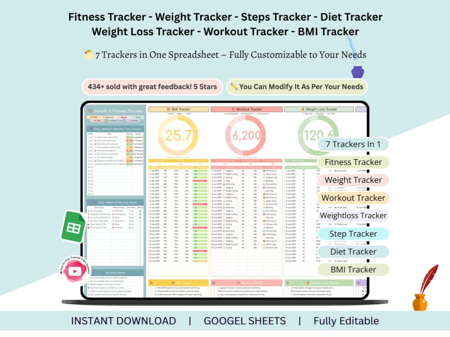 Weight Loss Tracker - fitness tracker - workout tracker - Steps Tracker - weight tracker - diet tracker - BMI spreadsheet - 7 Trackers In 1
