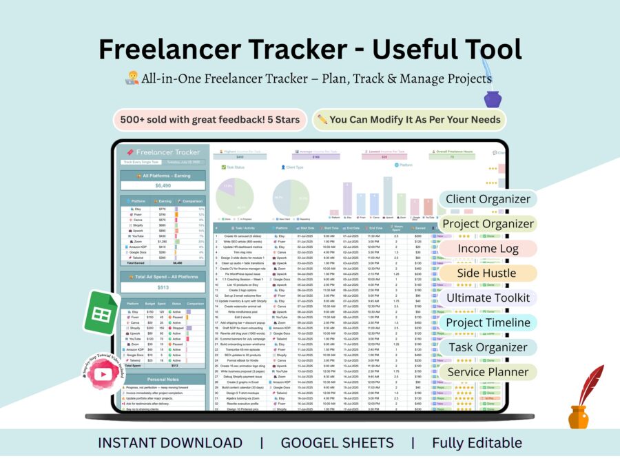 Freelancer Tracker - freelancer task tracker - freelancer client planner - freelancer spreadsheet - freelancer dashboard - freelancer tool