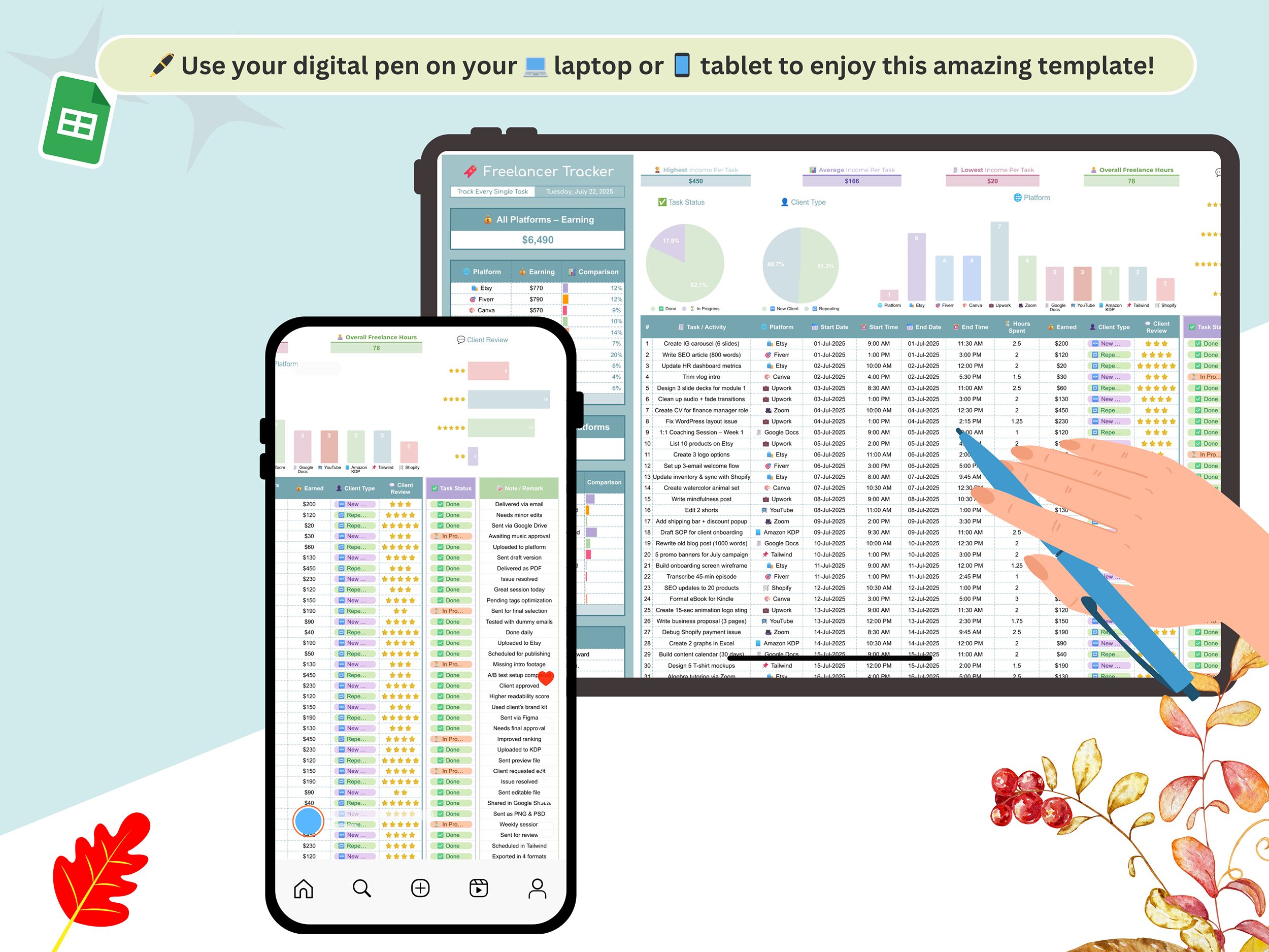Freelancer Tracker - freelancer task tracker - freelancer client planner - freelancer spreadsheet - freelancer dashboard - freelancer tool - Image 6