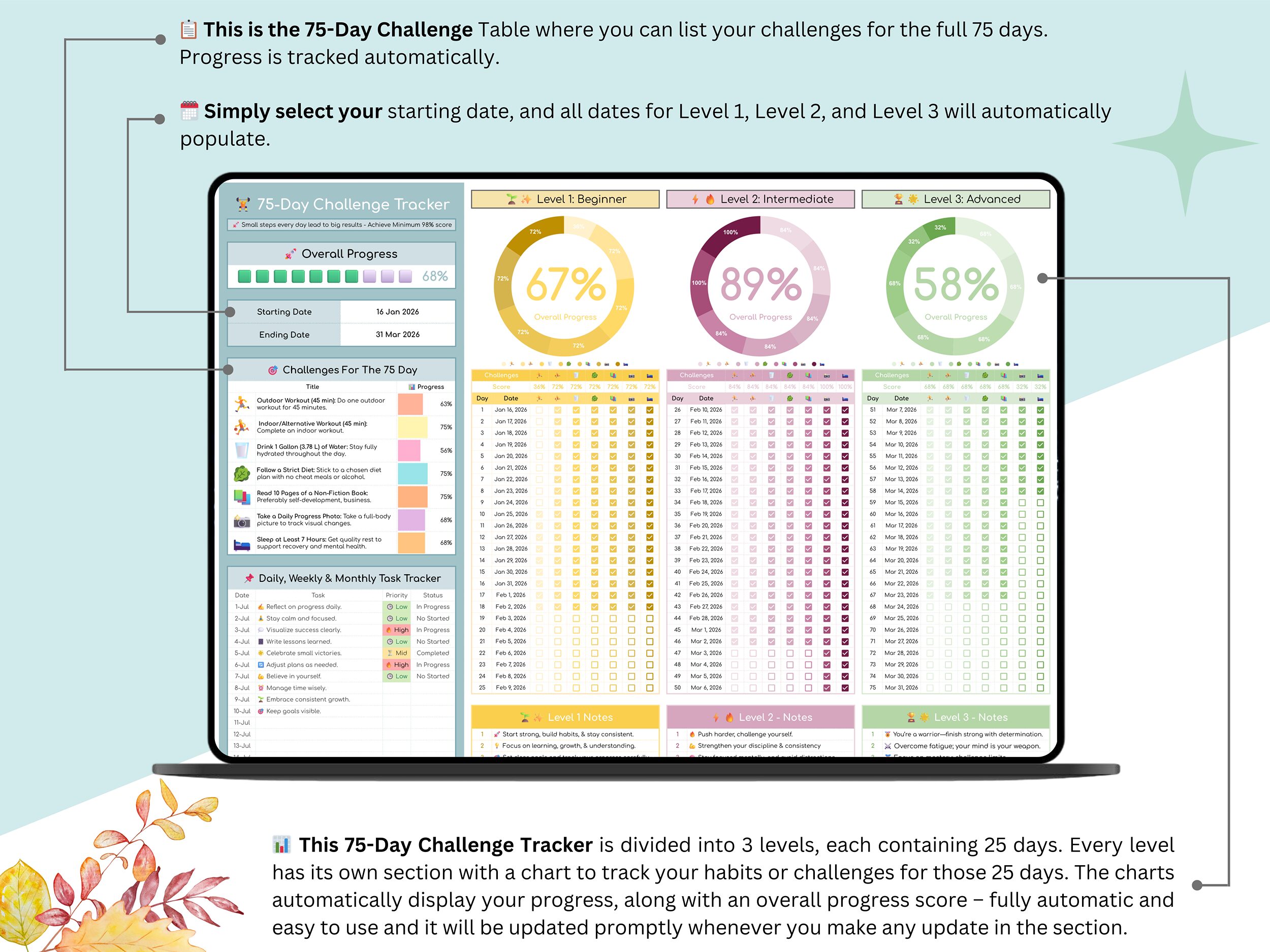 75 Day challenge tracker - 75 day habit tracker - 75 days challenge tracker - 75 day tracker - 75 day challenge - 75 challenge - Image 3