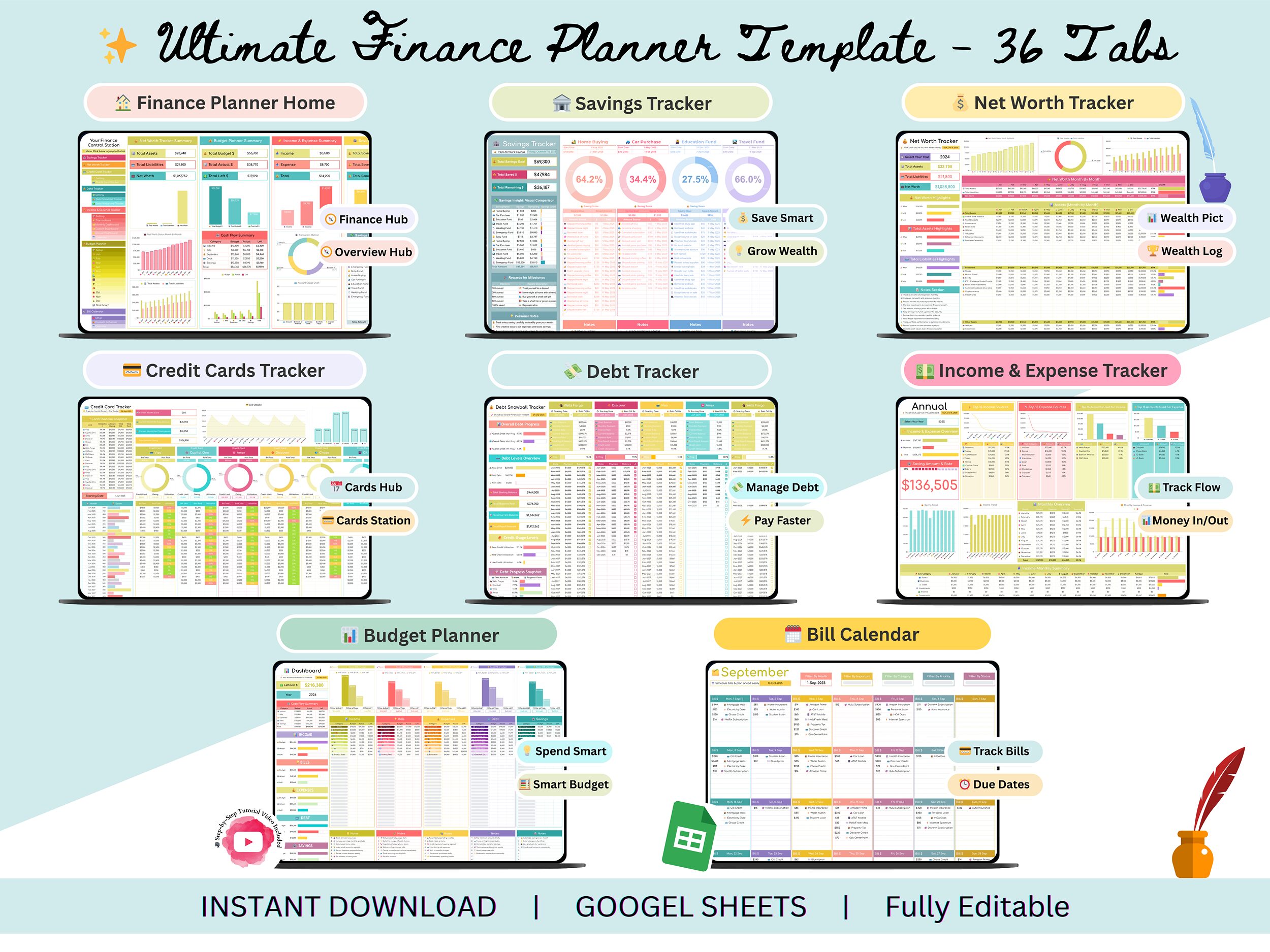 Financial Planner Google Sheets – budget tracker – savings tracker – net worth tracker – credit card tracker – bill tracker – debt tracker
