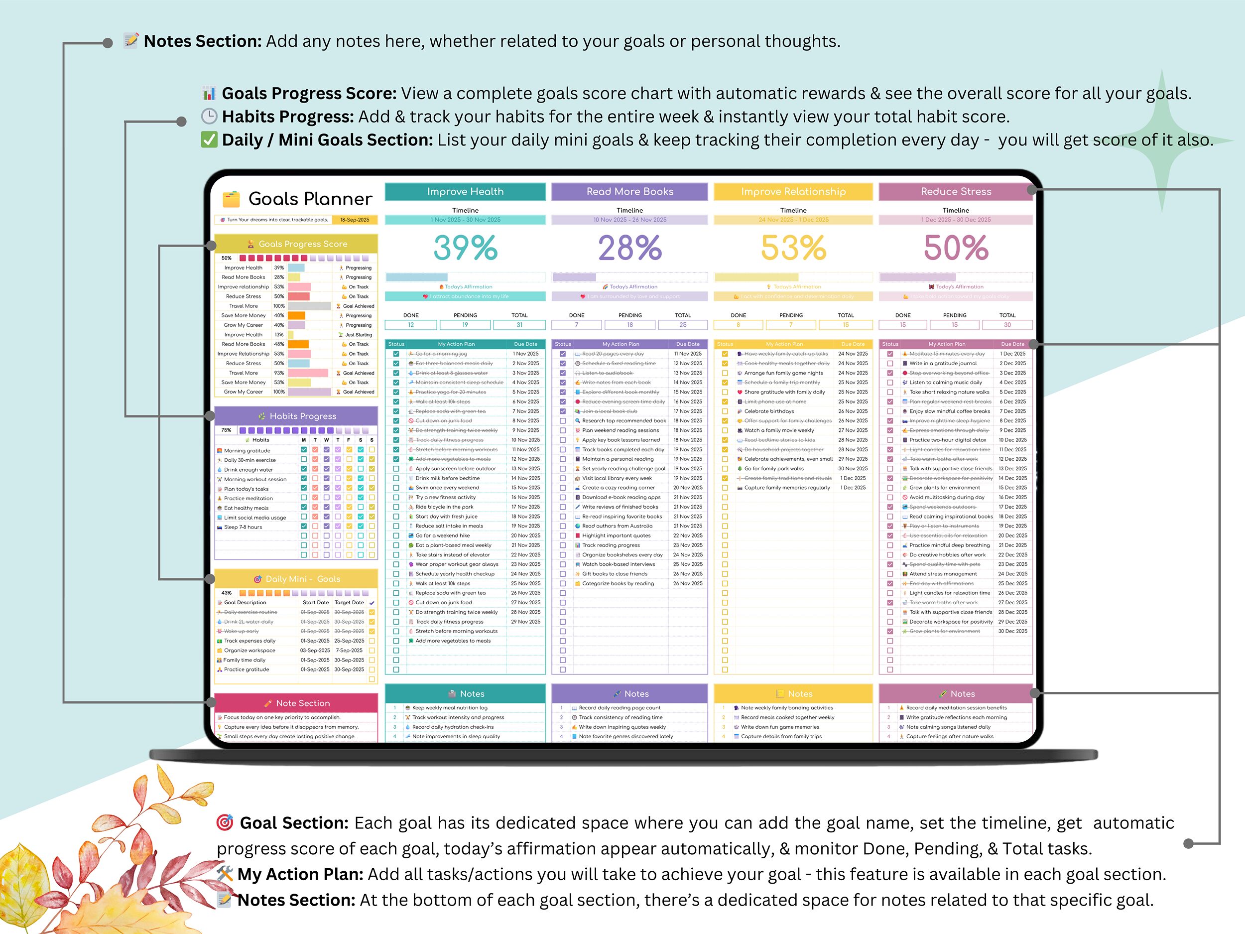 Goals Planner – goals spreadsheet – goal planner – smart goals template – monthly goal planner – yearly goal planner – goals tracker – goals