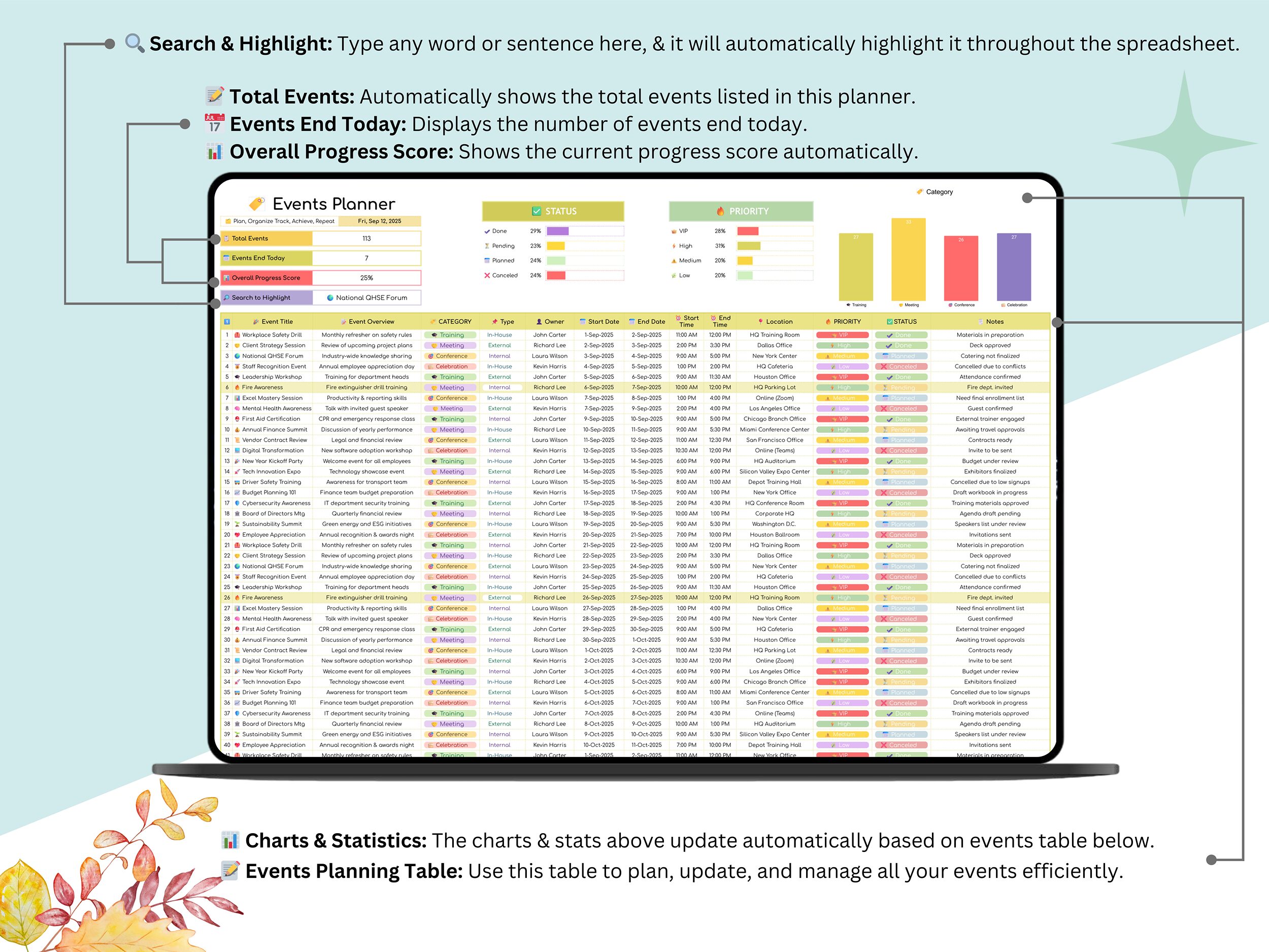 Events Planner - events calendar - events calendar google sheets - event planning spreadsheet - event planner spreadsheet - events tracker - Image 3