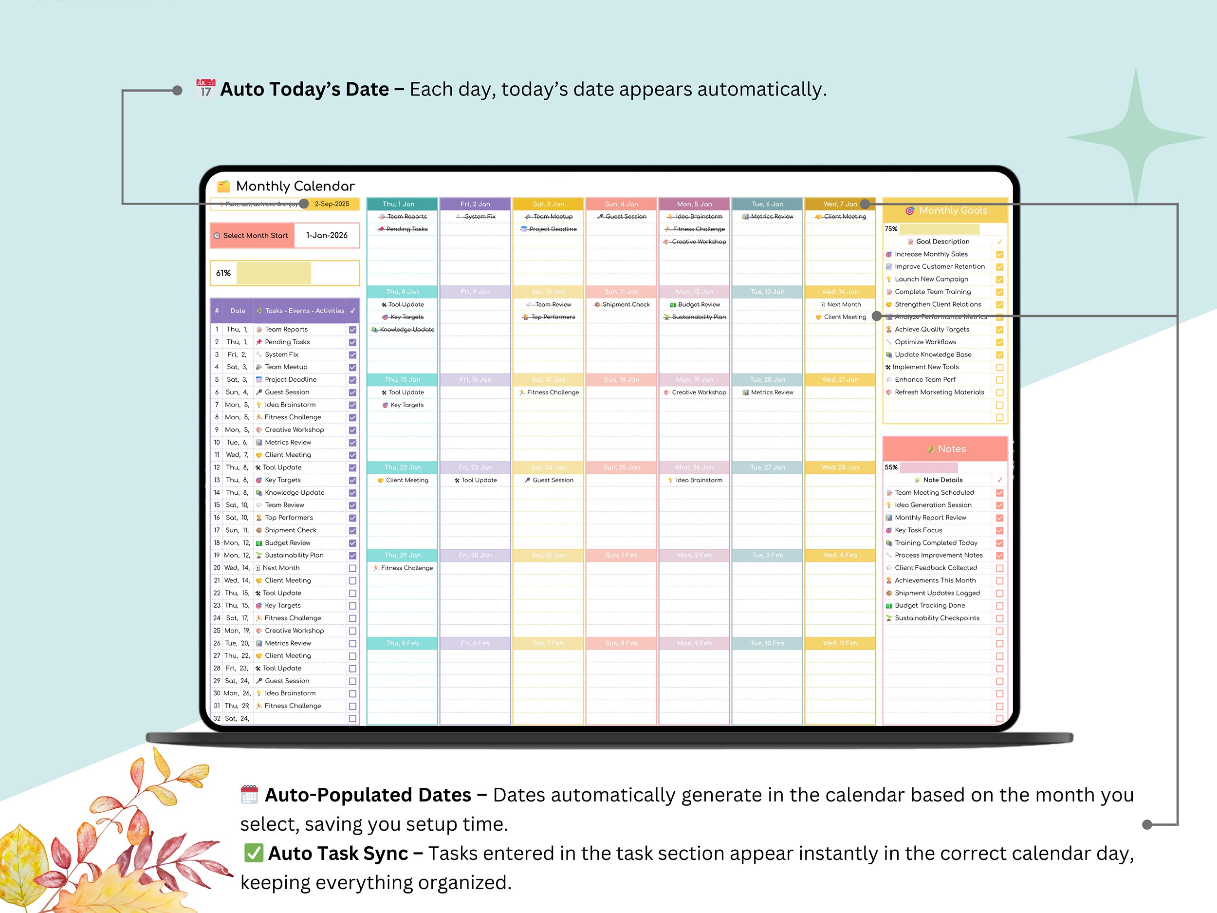 Monthly Task Planner - calendar planner - monthly planner - monthly task tracker - monthly task spreadsheet - calendar planner template - Image 4