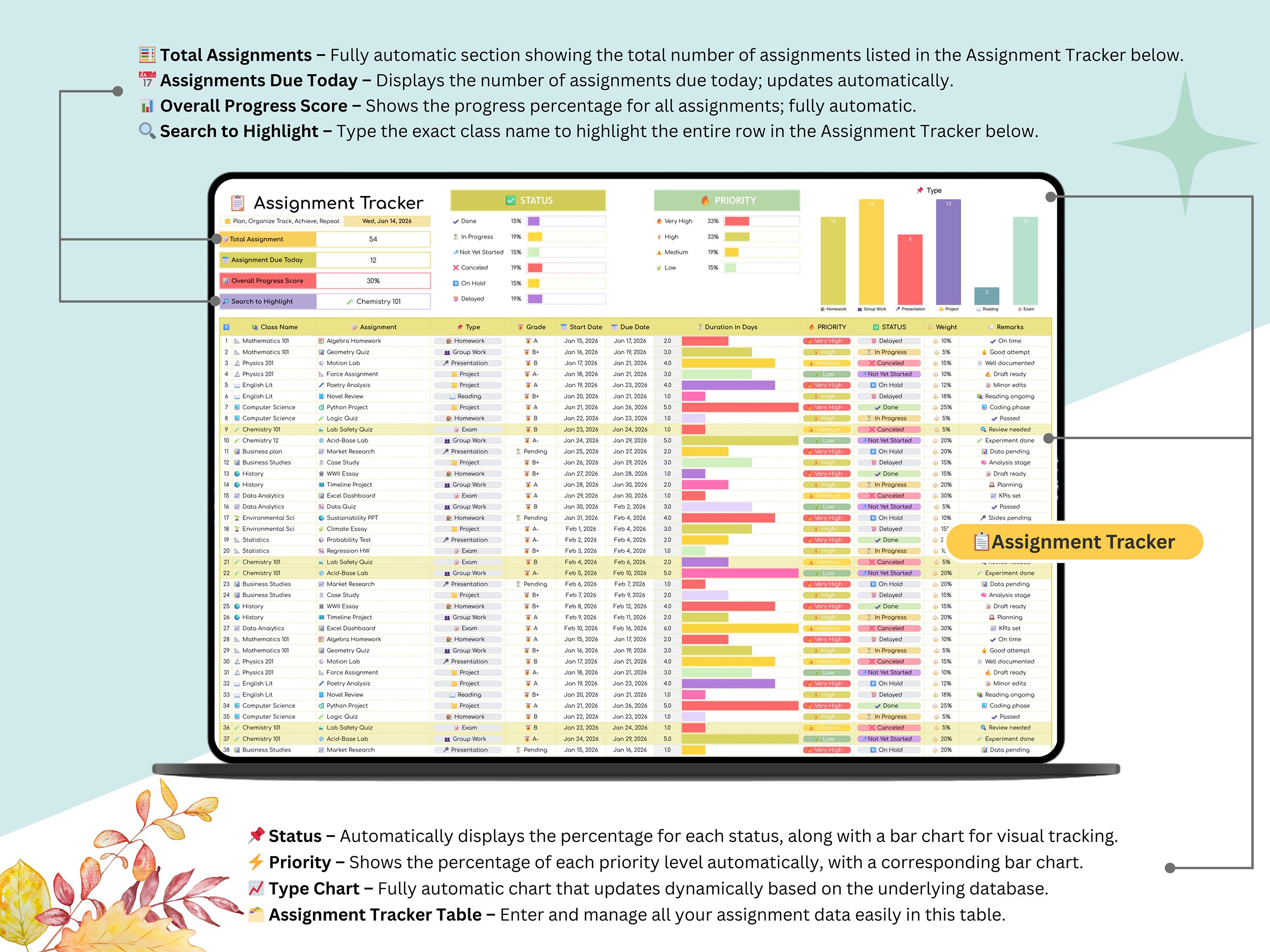 Assignment Tracker – student planner – assignment planner – homework tracker – academic planner – student tracker – school organizer
