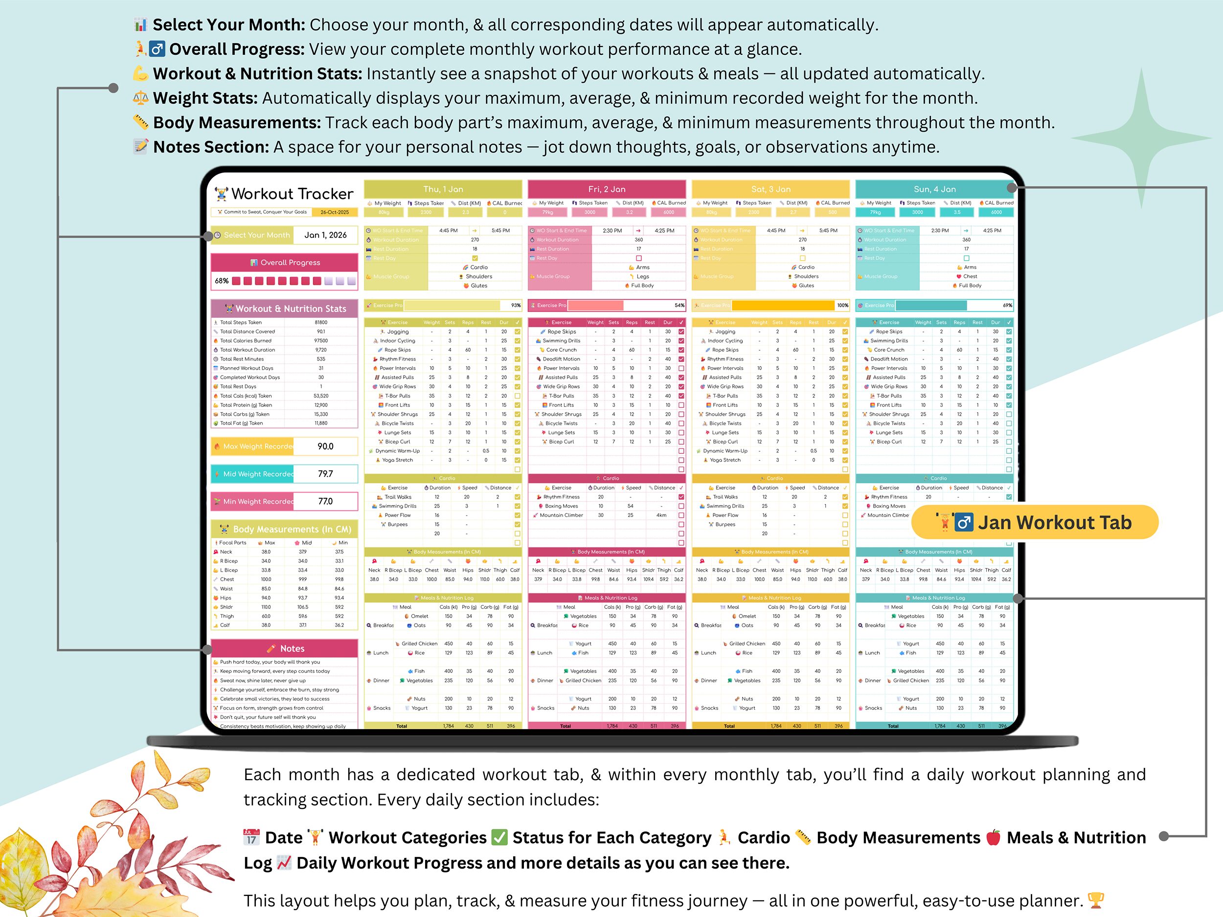 Workout Tracker - workout tracker google sheet - workout template google sheets - workout calendar template - workout spreadsheet template - Image 3