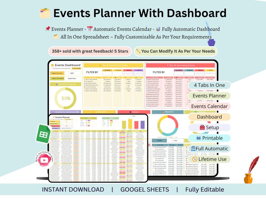 Events Planner - events calendar - events calendar google sheets - event planning spreadsheet - event planner spreadsheet - events tracker