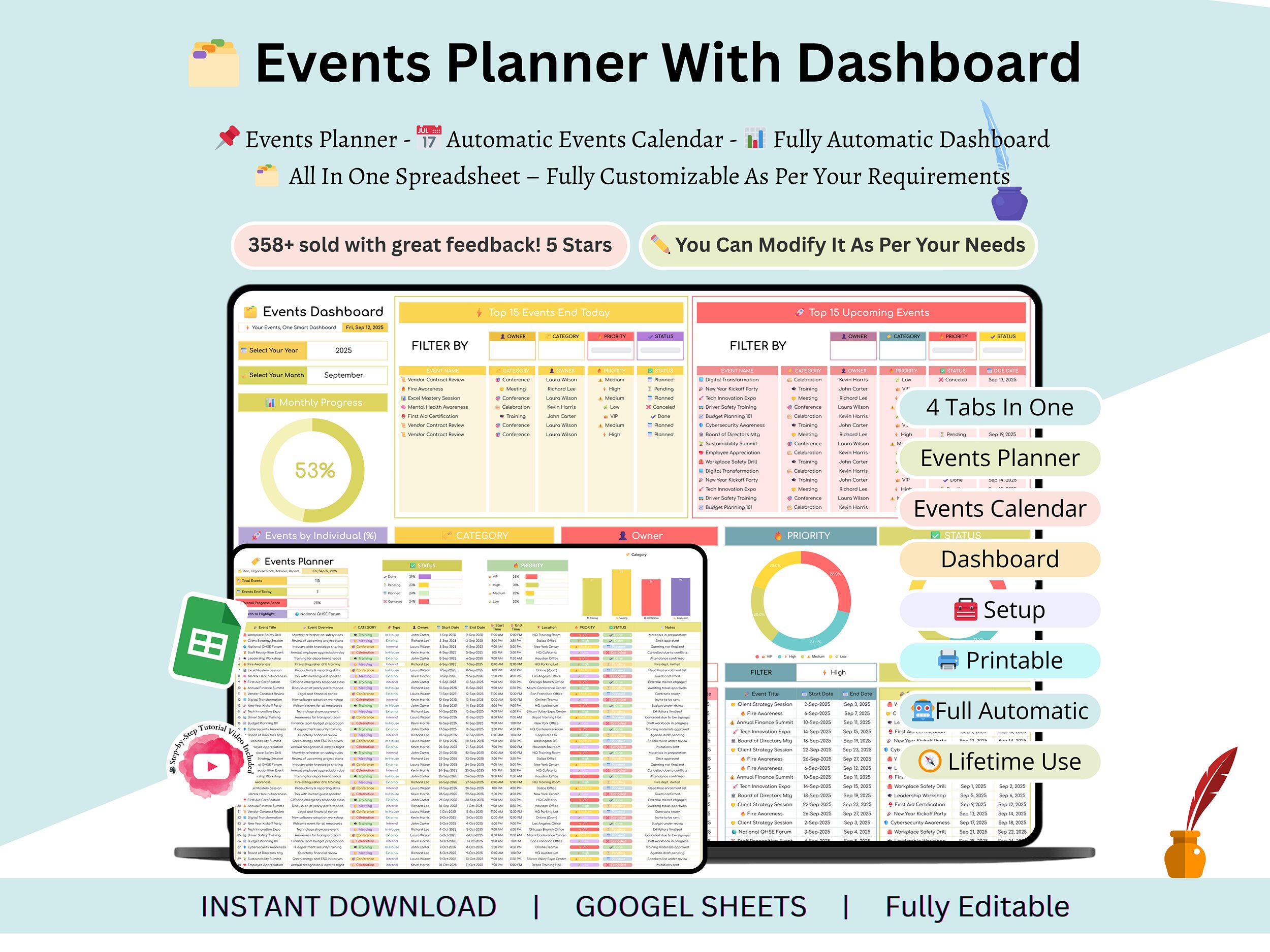 Events Planner - events calendar - events calendar google sheets - event planning spreadsheet - event planner spreadsheet - events tracker