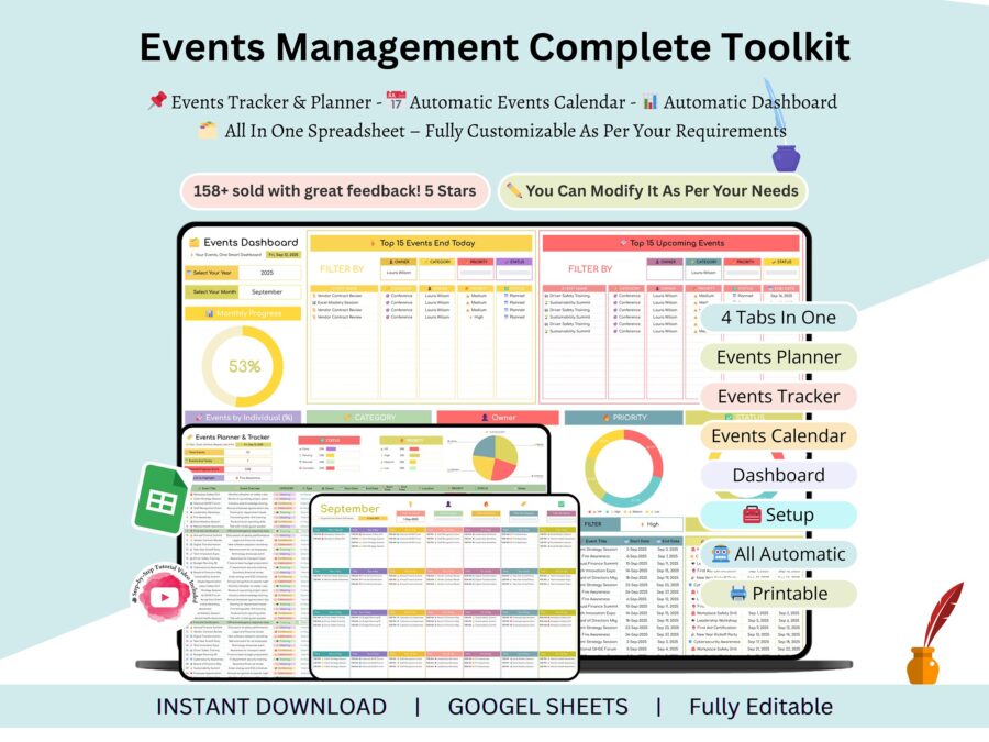 Events Management - event planning templates - event planning calendar - events tracker spreadsheet - Events Template - event schedule