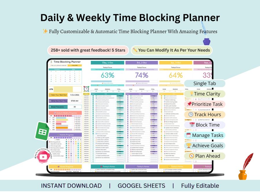 Time Blocking Planner - Time block planner - time management - time management planner - time blocking spreadsheet -time block google sheets