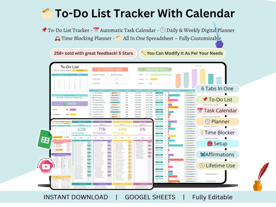 To Do List Daily Planner - to do list tracker - to do list google sheets - to do list google sheets tracker - task calendar - Daily Planner