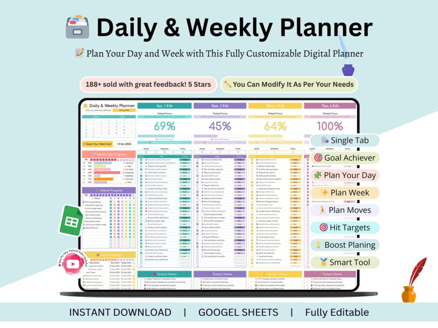 Daily Planner google sheets - weekly planner digital planner - daily digital planner template - weekly planner digital - weekly planner