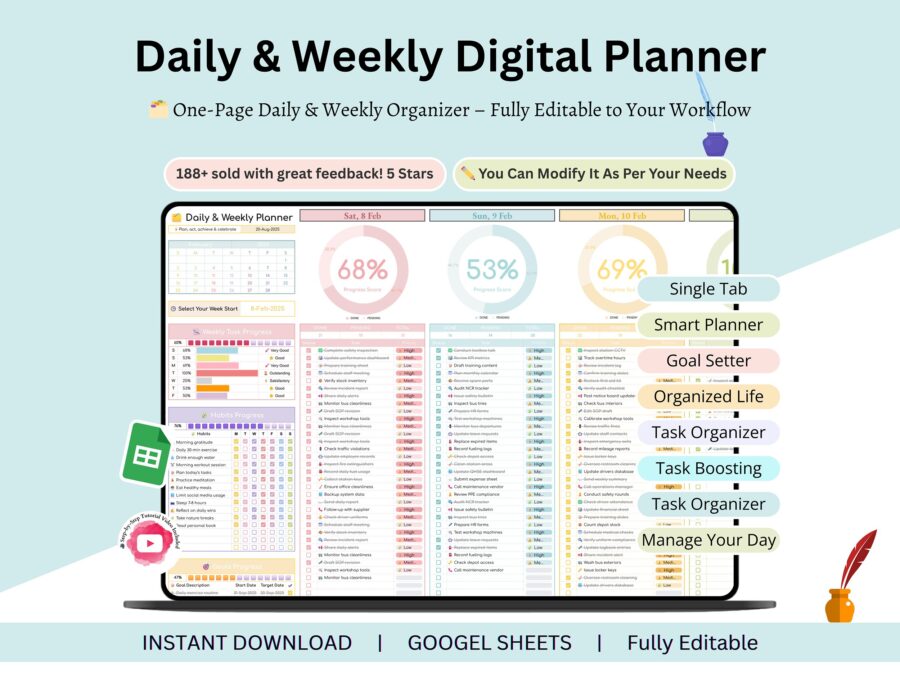 Daily Planner google sheets - weekly planner digital planner - daily digital planner template - weekly planner digital - daily planner