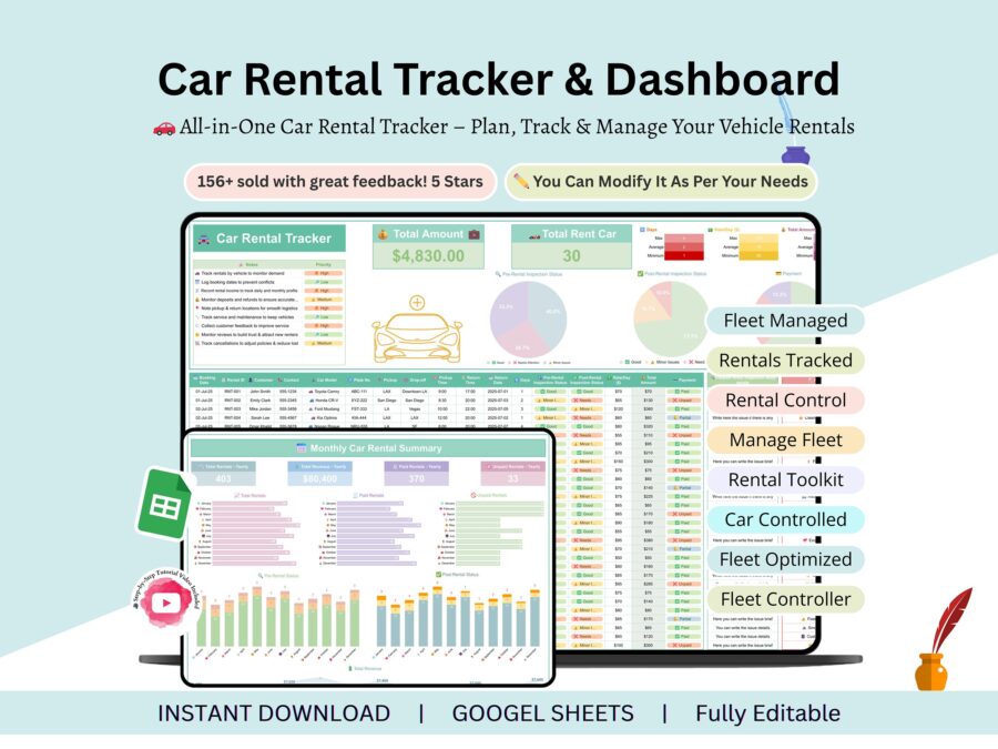 Car Rental Tracker - fleet management - car rental business - car rental google sheet - rental spreadsheet - mileage tracker - fleet manager