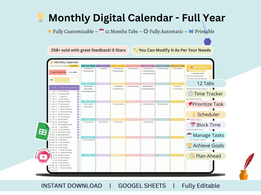 Monthly Task Planner - calendar planner - monthly planner - monthly task tracker - monthly task spreadsheet - calendar planner template