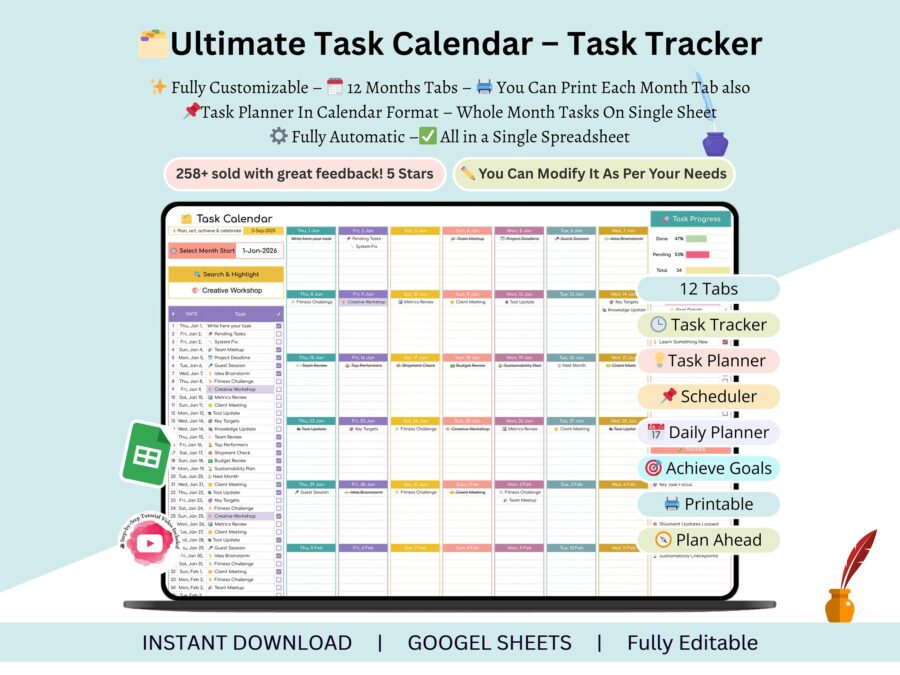 Task Calendar - task tracker and calendar - task planner google sheets - monthly calendar - Yearly calendar template - task management