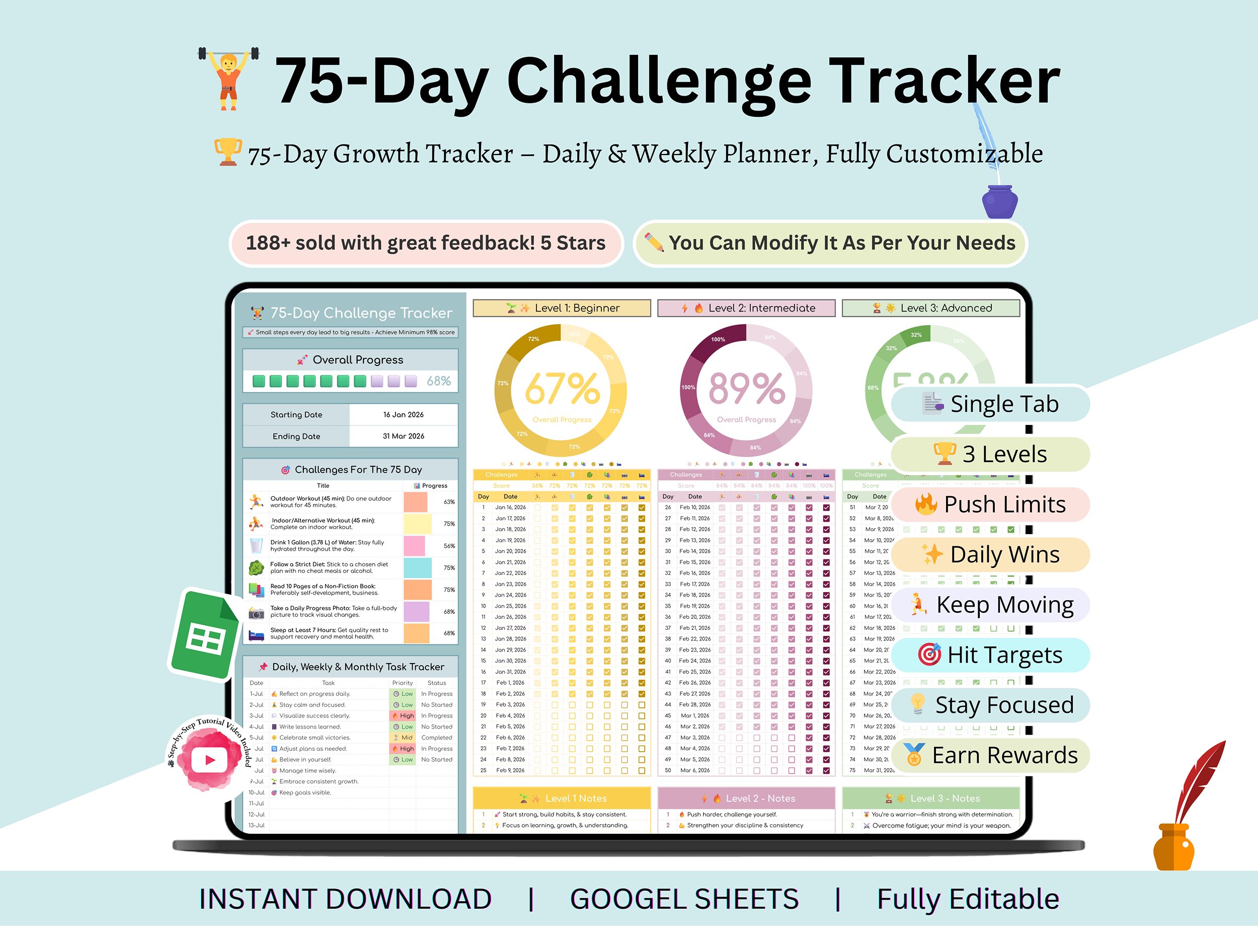 75 Day challenge tracker - 75 day habit tracker - 75 days challenge tracker - 75 day tracker - 75 day challenge - 75 challenge