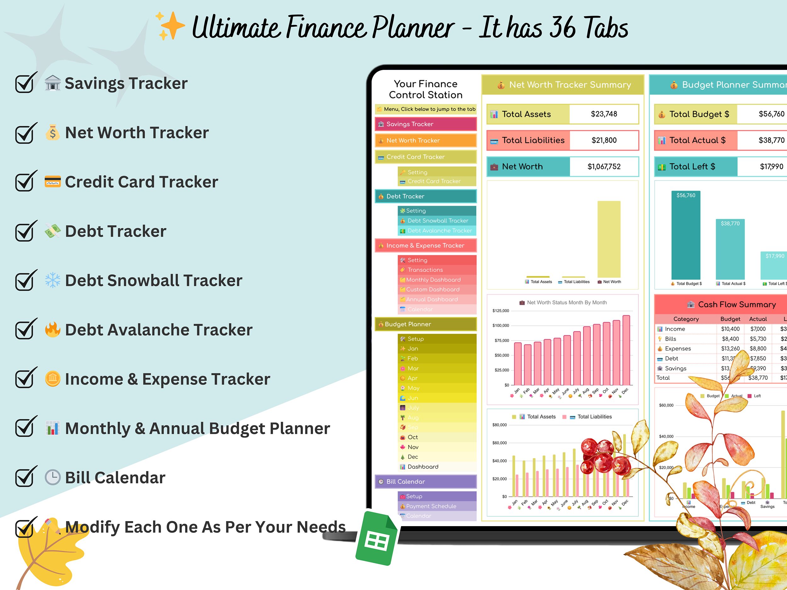 Financial Planner Google Sheets – Budget & Debt Tracker 3 Annual finance dashboard with yearly spending trends