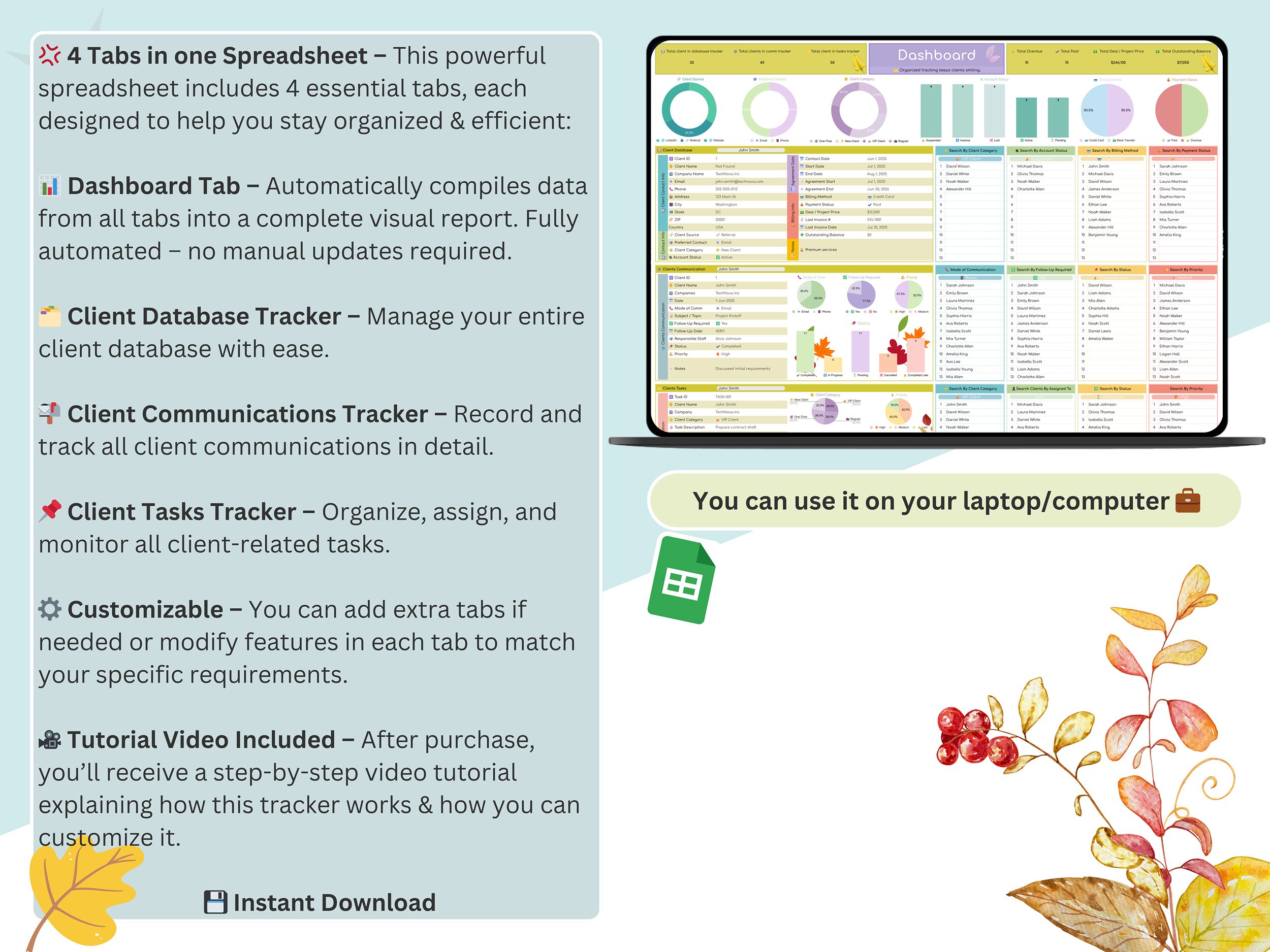 Client Tracker - client spreadsheet - CRM dashboard - CRM - CRM spreadsheet - client organizer - client dashboard - client planner - Image 3