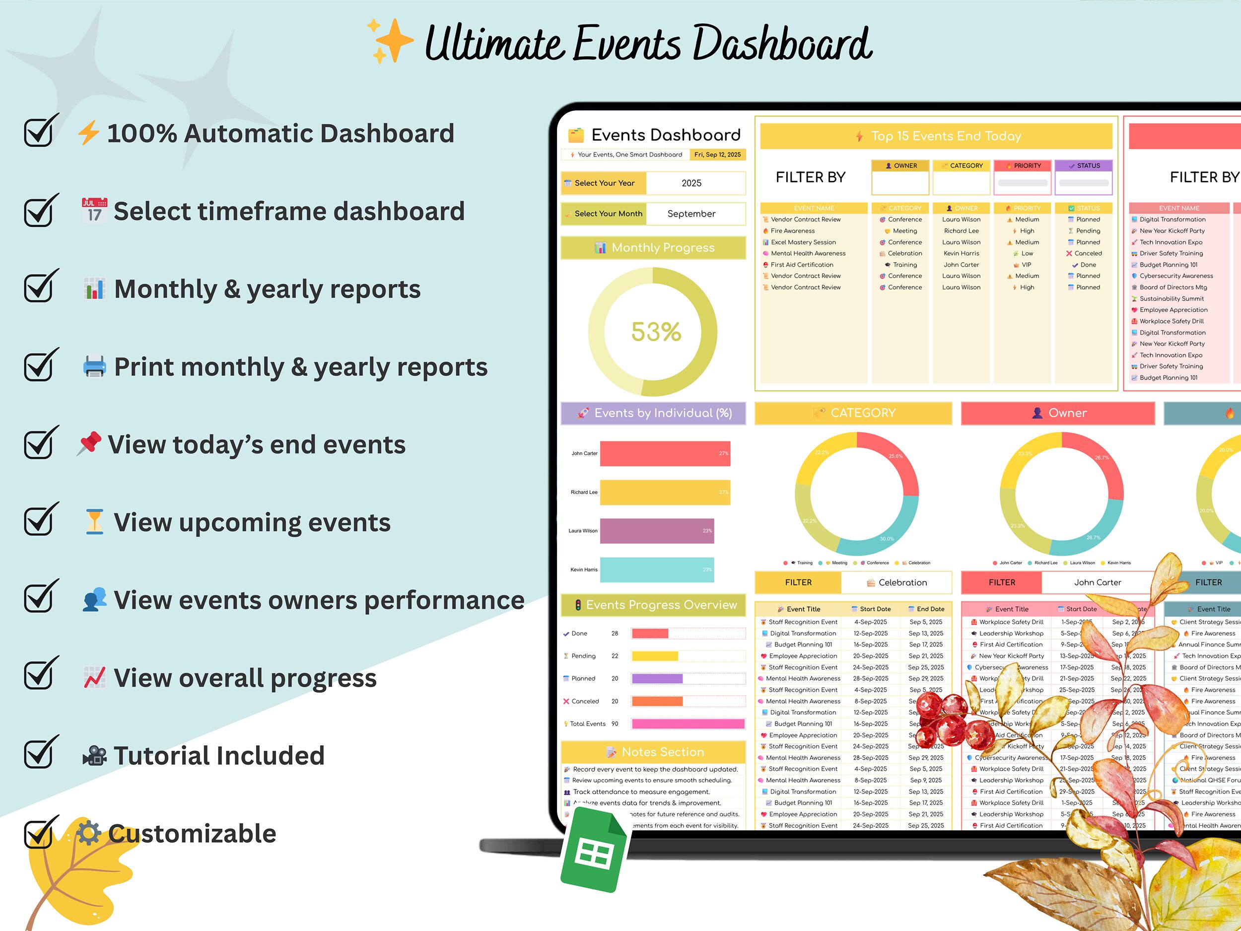 Events Planner - events calendar - events calendar google sheets - event planning spreadsheet - event planner spreadsheet - events tracker - Image 8
