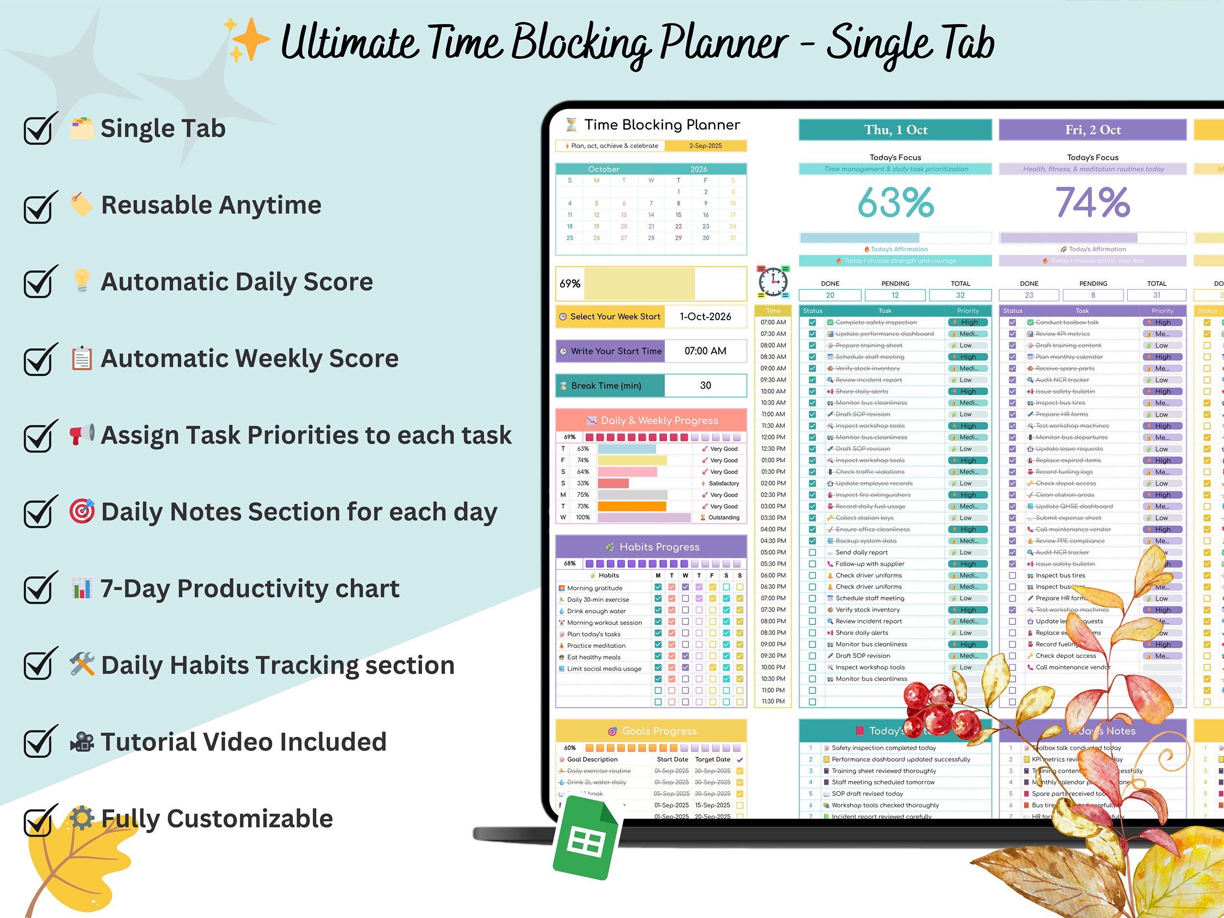 Time Blocking Planner - Time block planner - time management - time management planner - time blocking spreadsheet -time block google sheets - Image 6
