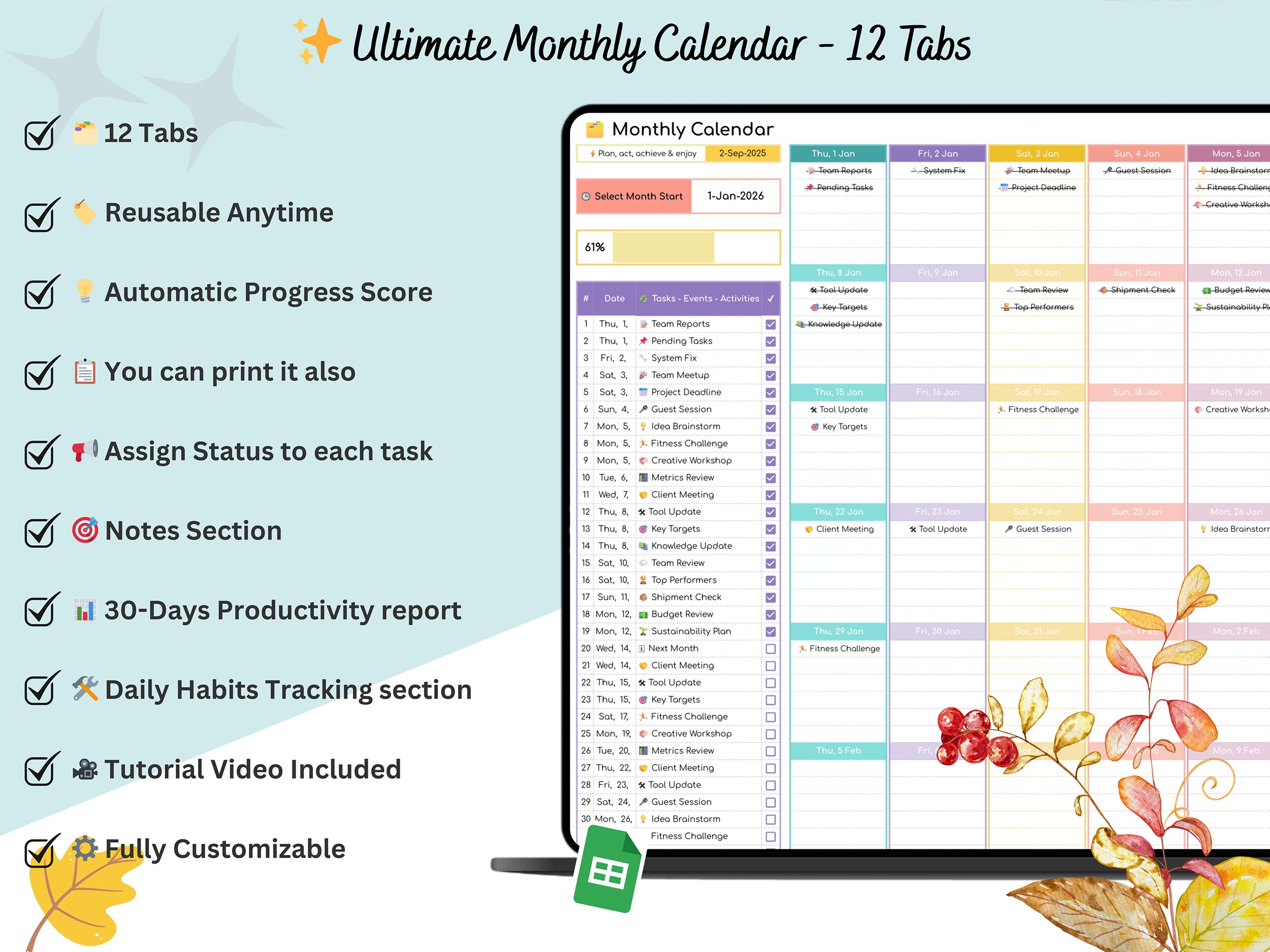 Monthly Task Planner - calendar planner - monthly planner - monthly task tracker - monthly task spreadsheet - calendar planner template - Image 7