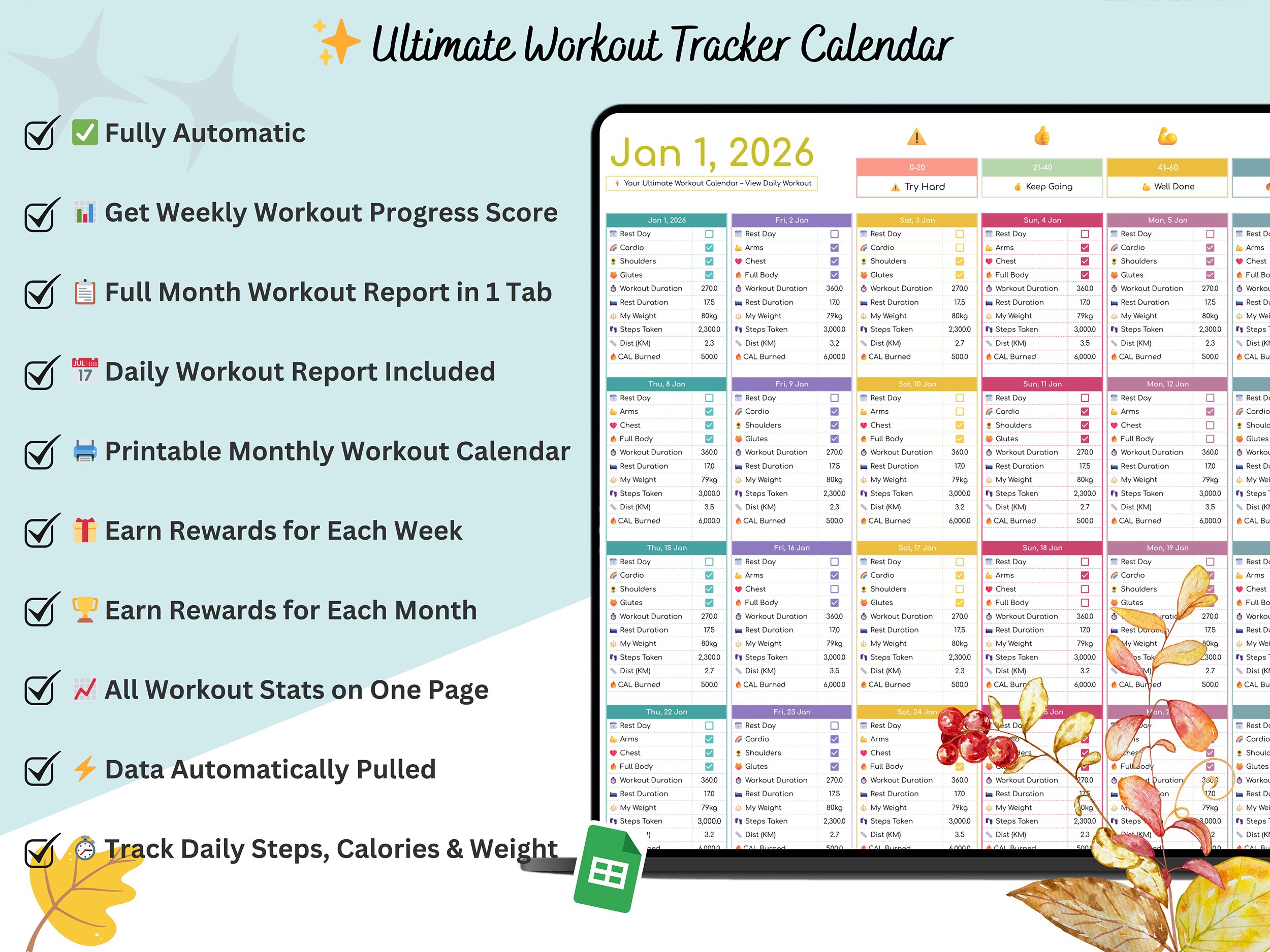 Workout Tracker - workout tracker google sheet - workout template google sheets - workout calendar template - workout spreadsheet template - Image 11