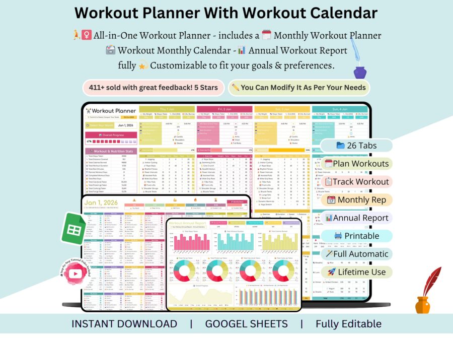 workout planner - workout spreadsheet template - workout planner and tracker - workout planner template - workout calendar - Workout