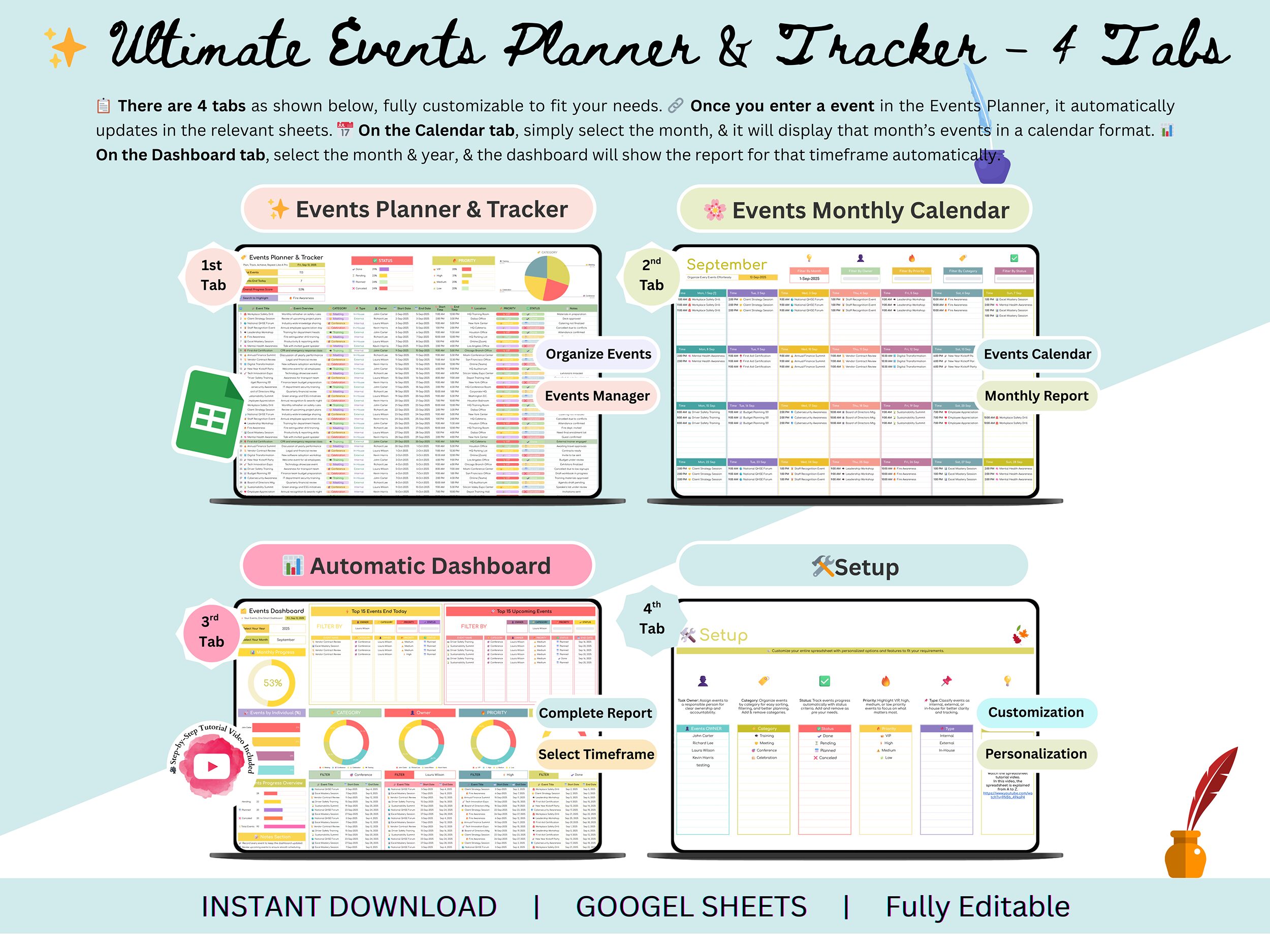 Events Management – event planning templates – event planning calendar – events tracker spreadsheet – Events Template – event schedule