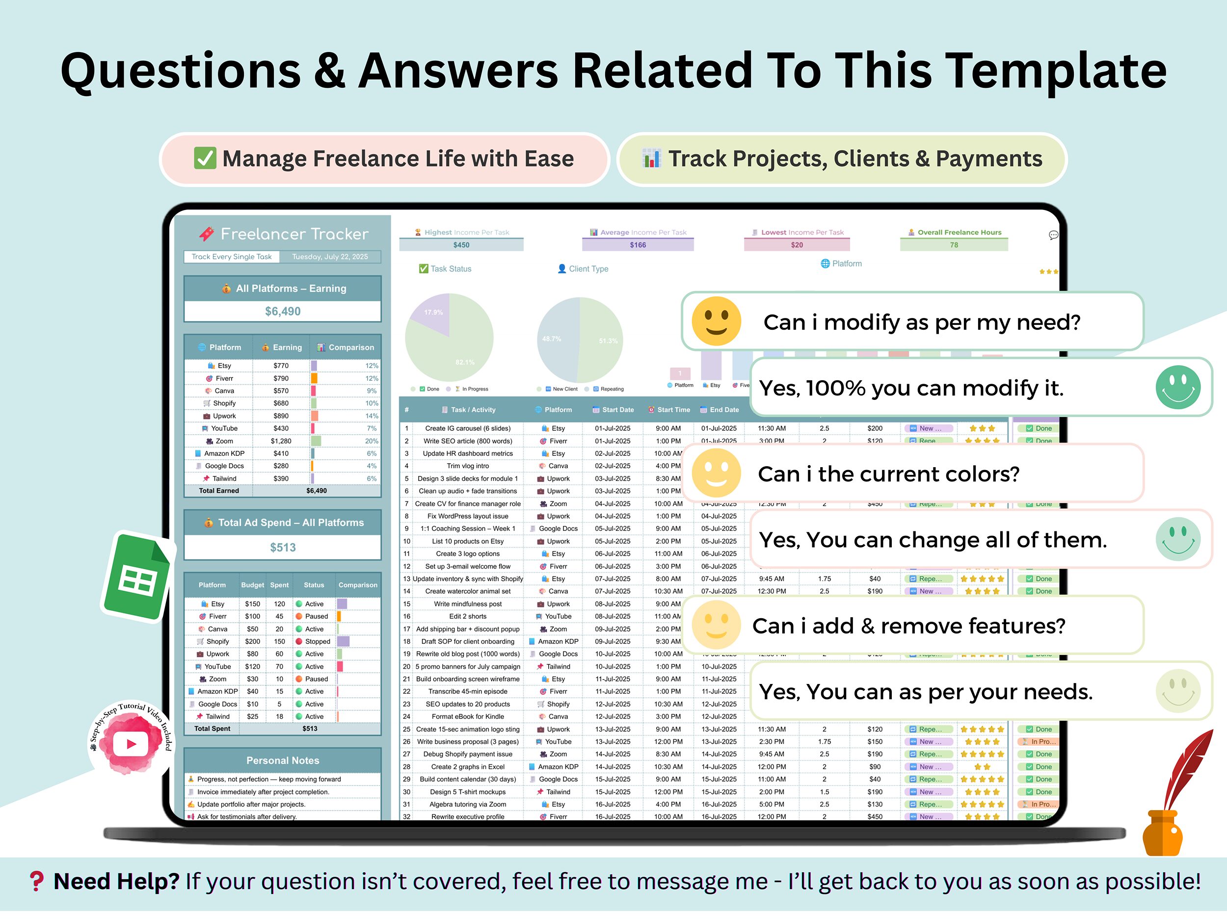 Freelancer Tracker – freelancer task tracker – freelancer client planner – freelancer spreadsheet – freelancer dashboard – freelancer tool